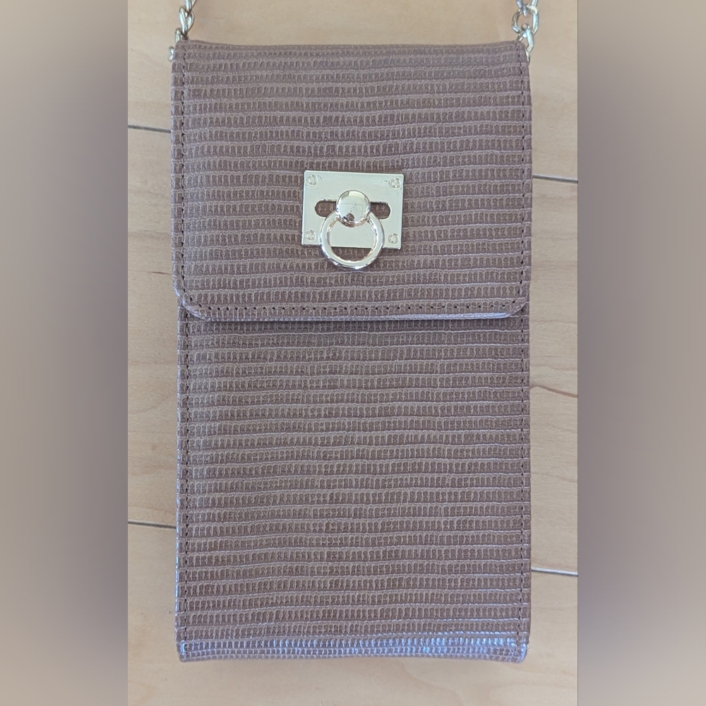 Tan Embossed Crossbody Phone Bag Gold Chain Mini Purse - Picture 2 of 11